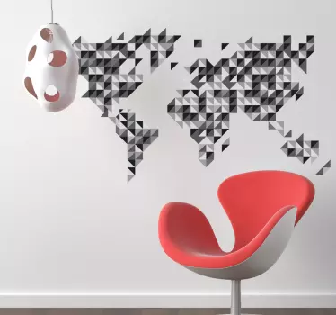 World map sticker formed by triangular and grey scale parts. Zero residue upon removal. High quality vinyl material used.
