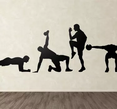 A set of four stickers with designs of men performing different exercises. Ideal for decorating gyms and leisure centres.