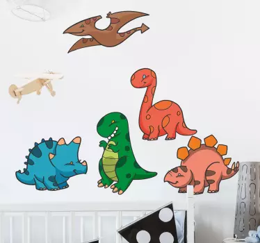 A set of stickers with 5 cute looking and colourful dinosaurs with a cartoon design. Ideal touches for decorating dinosaur themed children's bedrooms.