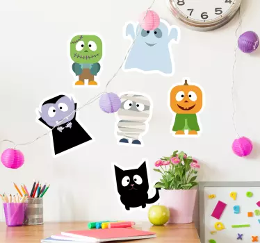 The collection of stickers consists of a young, Frankenstein, ghost, cat, pumpkin, Dracula and mummy.