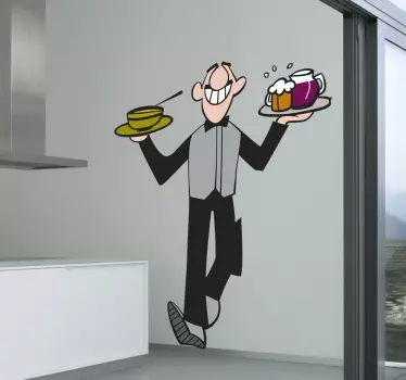 The wall sticker consists of a waiter, who brings a large bowl of soup and drinks to a table. Extremely long-lasting material.