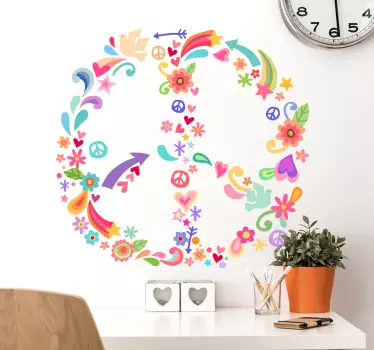 Hippie Peace Sign Floral Wall Sticker - TenStickers