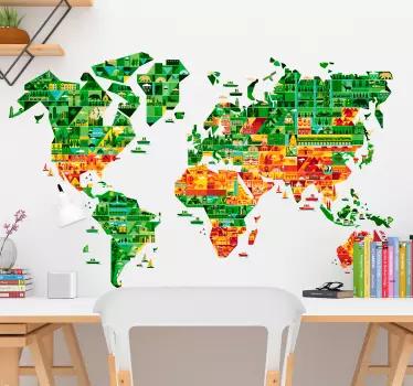 Green and orange world map wall sticker - TenStickers