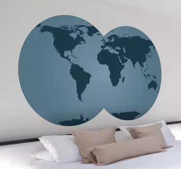 Blue World Map with Double Globe Sticker - TenStickers