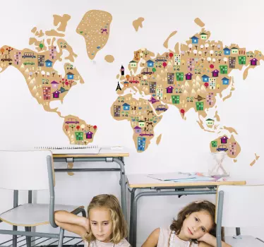 Carte de sticker de mur des villes du monde d'enfants - TenStickers