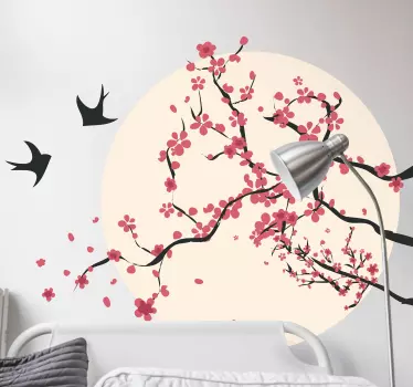 Vinilo pared de árbol florecido y pájaros - TenVinilo