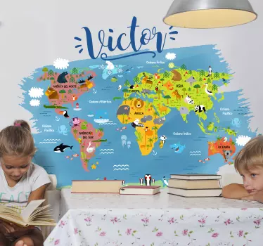 Vinilo mapamundi infantil con barca y nombre - TenVinilo