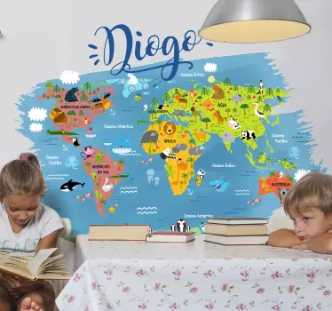 Autocolante mundo Mapa mundo com animais - TenStickers