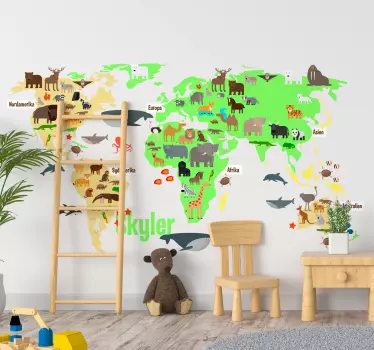 Fauna verdenskort med navn i dansk vægdekor - TenStickers