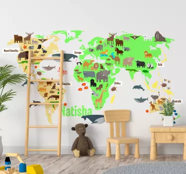 Locatie stickers wereldkaart met dieren en naam - TenStickers