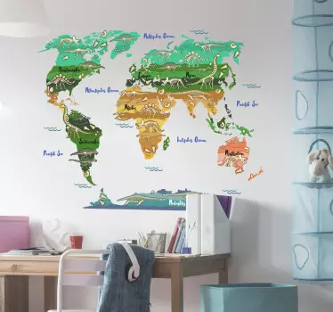 Wandtattoo für Zuhause Weltkarte Dinosaurier - TenStickers