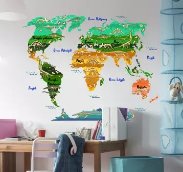 Naklejka z rysunkiem mapa świata z dinozaurami - TenStickers