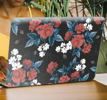 Red floral pattern flower laptop sticker - TenStickers