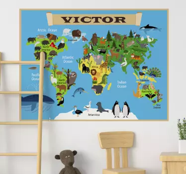 Personalised animal world map wall sticker - TenStickers