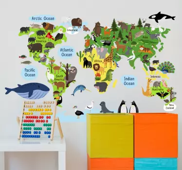 World map with trees and animals Location decal - TenStickers