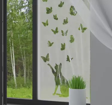 Vinilo ventana de mariposas y gato - TenVinilo