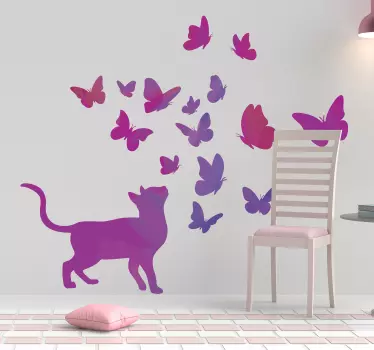 Kelebekler ile kedi duvar sticker - TenStickers