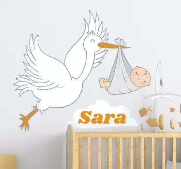 Stork with baby and name nursery wall sticker - TenStickers