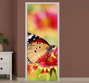 Butterfly perched on flower door sticker - TenStickers