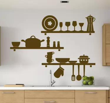 Vinilo pared cocina estanterías con utensilios - TenVinilo