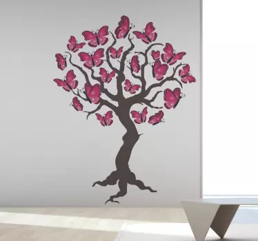 Vaaleanpunainen puu perhonen seinä tarra - Tenstickers