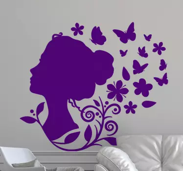 Woman flowers outline butterfly wall sticker - TenStickers