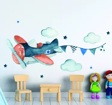 Vinilo infantil avión con nubes estilo nórdico - TenVinilo
