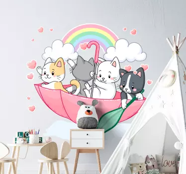 kittens and the umbrella illustration sticker - TenStickers