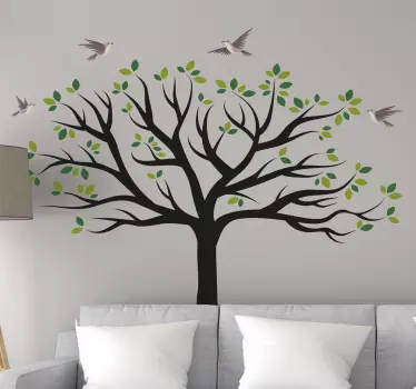 Ptice, ki letijo nad steno zelenega drevesa - TenStickers