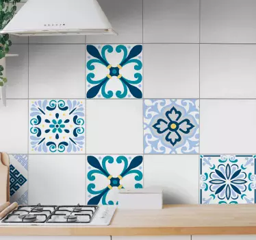 Blue tone original flower tile sticker - TenStickers