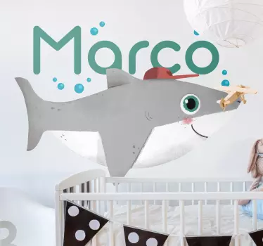 Baby shark with name bedroom wall decal - TenStickers