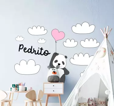 Flying panda with clouds and name nursery decal - TenStickers