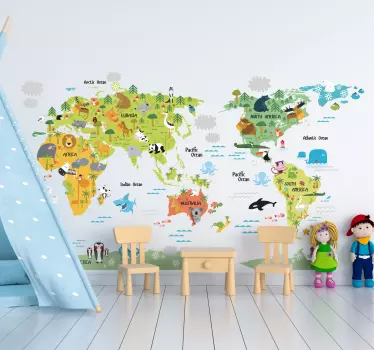 Animal Kids world map wall sticker - TenStickers