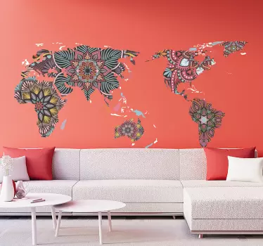 Mandala themed world map wall sticker - TenStickers