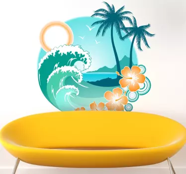 Exotic Palm Beach & Waves Wall Sticker - TenStickers