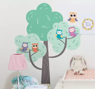 Colorful tree with owls illustration sticker - TenStickers