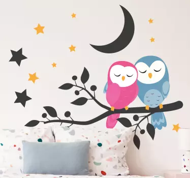 Owl couple on branch illustration sticker - TenStickers