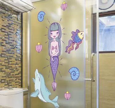 Mermaid and dolphin shower screen sticker - TenStickers