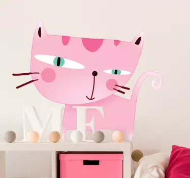 Pink Cat Illustration Wall Sticker - TenStickers