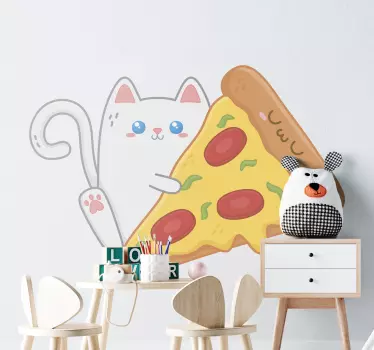 Sticker Illustration Chat kawaii avec pizza - TenStickers