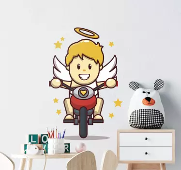 Little angel on cycle with stars text sticker - TenStickers