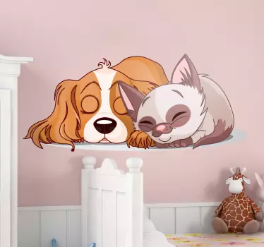 Pegatina infantil de perro y gato durmiendo - TenVinilo