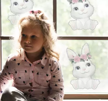 cute baby rabbit with floral window sticker - TenStickers