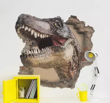 Vinilo 3D dinosaurios T-Rex saliendo de pared - TenVinilo