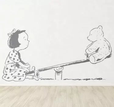 Sticker kinderkamer meisje en teddybeer op wip - TenStickers
