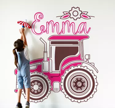 Stickers maken Roze tractor met naam - TenStickers