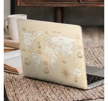 Vinilo para laptop mapamundi vintage con barcos - TenVinilo