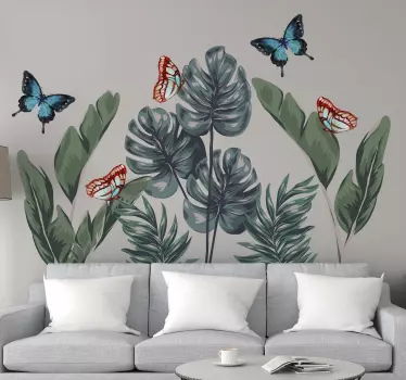 Tropical leaves with butterflies plant sticker - TenStickers