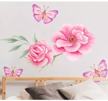 Pink roses and butterflies flower wall sticker - TenStickers