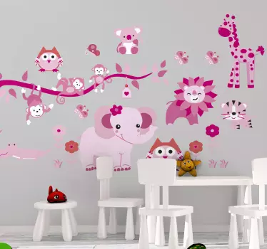 Pink and white jungle animals wild animal decal - TenStickers